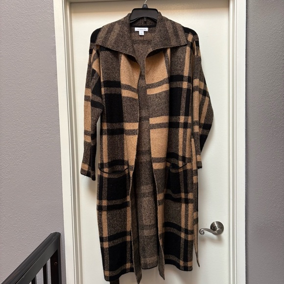 Liz Claiborne Plaid Open Front Cardigan Brown Belted Pockets Cozy Fall Large - Picture 4 of 8